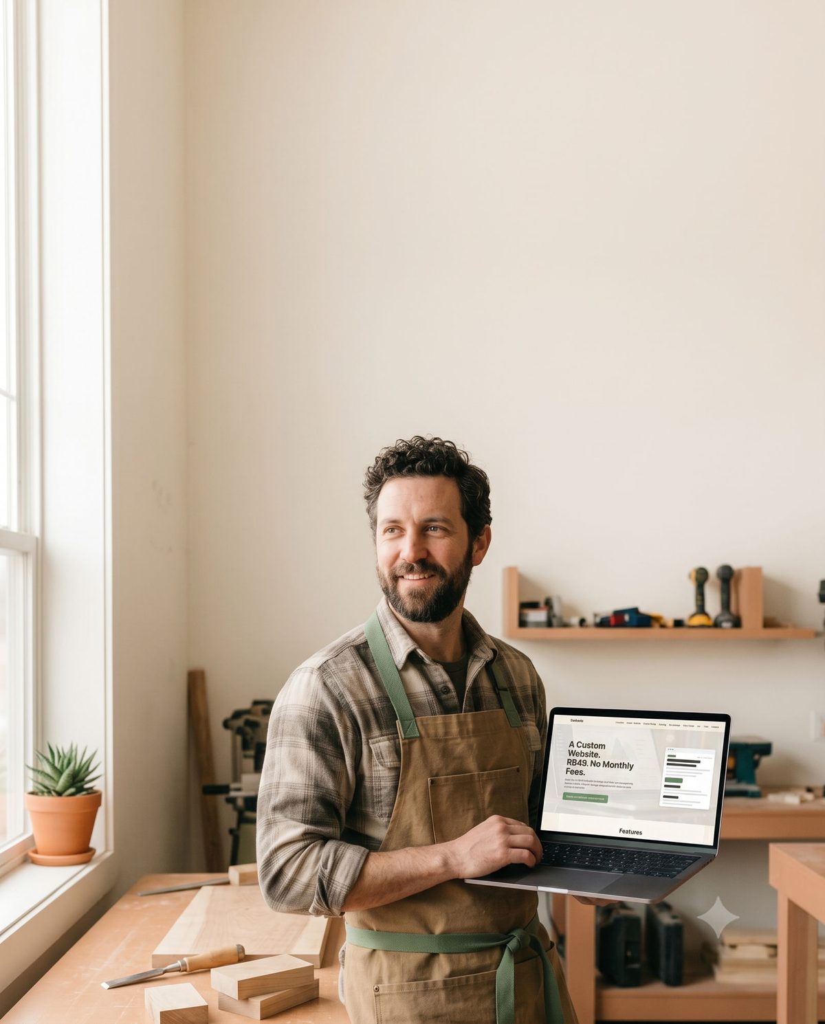 A woodworker in his workshop, wearing a green apron, holding an open laptop